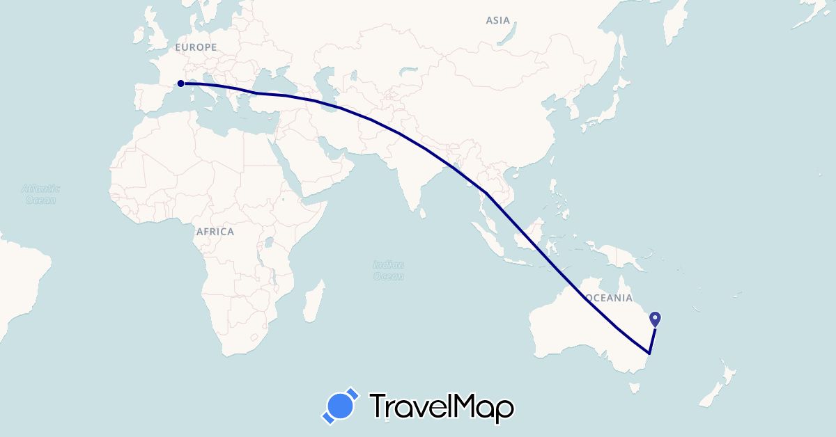 TravelMap itinerary: driving in Australia, France, Thailand, Turkey (Asia, Europe, Oceania)