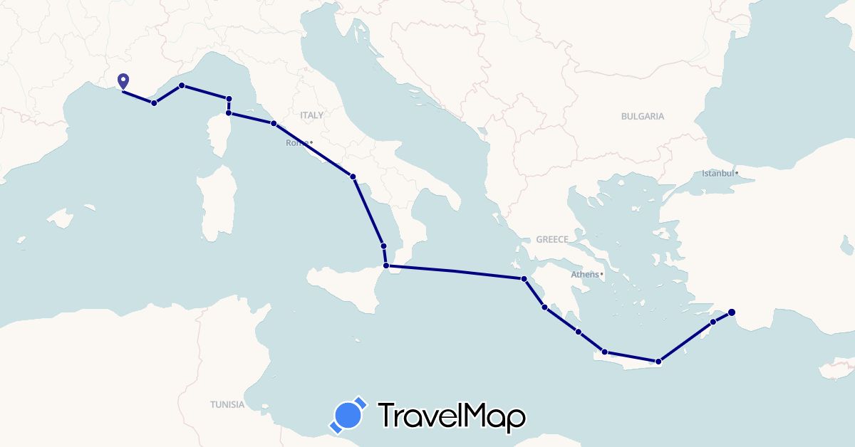 TravelMap itinerary: driving in France, Greece, Italy, Turkey (Asia, Europe)